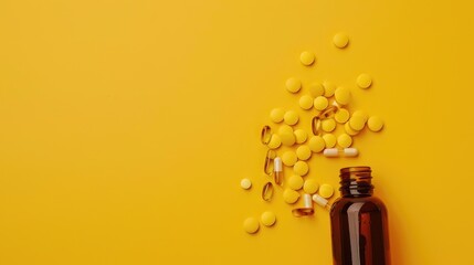 Top view of a bottle and scattered pills on a colorful background. Ai Generated. - Powered by Adobe