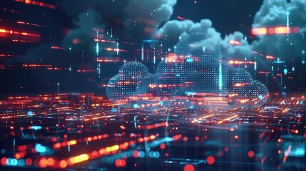 Futuristic cloud computing transfers big data over the internet, Ai Generated