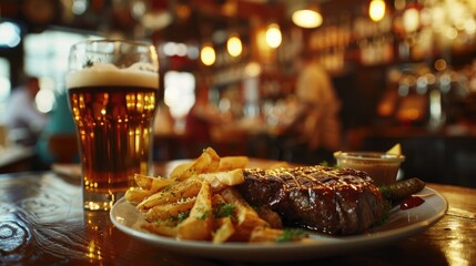 Savor American steak at the bar with chips and savory gravy, Ai Generated - obrazy, fototapety, plakaty