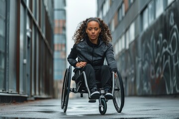 Fototapeta na wymiar Woman in a wheelchair on a city street