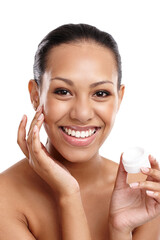 Woman, cream and portrait with skincare in studio with confidence for product, cosmetics and facial. Female person, wellness and dermatology for healthy skin with treatment for self care and beauty