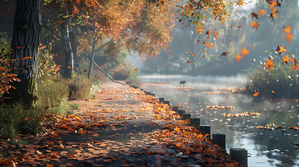 Leaves scattered along a peaceful riverside path