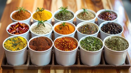 Various seasonings in cups creating a spice background on the table, Ai Generated