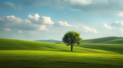 lone tree stands amidst vast green field, Ai Generated.