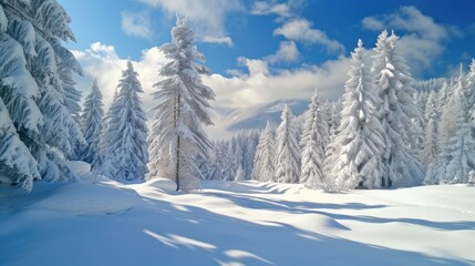 Fototapeta na wymiar Enchanting winter landscape with trees cloaked in snow, a serene forest adorned in nature's white attire. Ai Generated