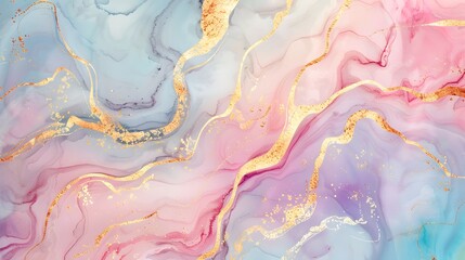 Pastel color swirling watercolor background with gold streaks. Marble stone texture grains. Art...