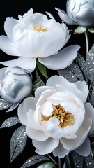silver and white peonies with golden stamens and silver sparkling leaves against dark background. concepts: advertisements for beauty products or jewelry, wedding decor, glamour and luxury