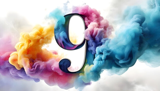 Alphabet with colored smoke. Number 9. White background. Image in AI.