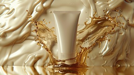 A tube of cream, surrounded by water and gold liquid splashes, soft lighting, product photography, made with Generative Ai

