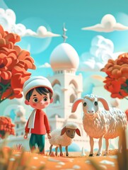 Eid al adha wishing with muslim boy and sheep animated cartoon 3d rendering goat and boy wishing eid Flat eid al-adha illustration with goat boy and masjid and copy space - generative ai