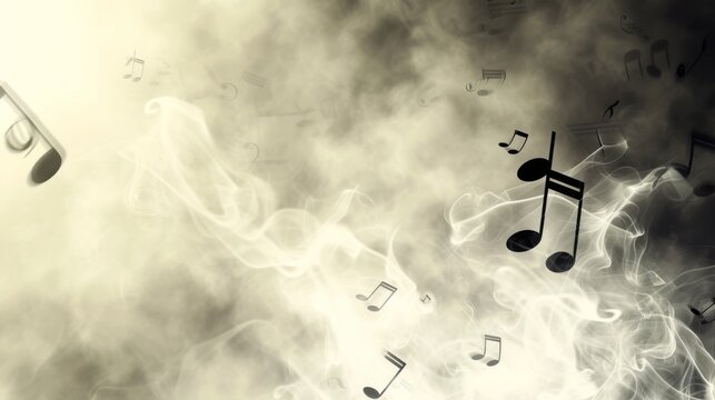 Musical notes: abstract photo of floating musical notes evaporating in a plume of smoke on a gray background --ar 16:9 --quality 0.5 --stylize 0 Job ID: 4ec39b62-bc77-450a-845e-de9cec3f6785