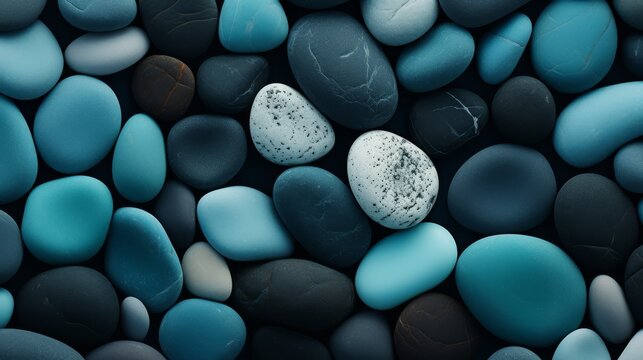 Beach pebbles. Blue, green and turquoise toned stones. Beautiful nature background image on black. Layer of pretty aesthetic rocks. Creativity with natural objects. Creative art design project idea