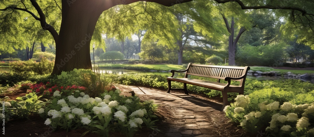 Poster bench placed under the shade of a tree in a serene park setting, inviting visitors to relax and enjo