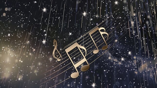 Musical Notes Transforming into a Meteor Shower: An abstract depiction of musical notes flying through space, turning into a sparkling meteor shower against the dark star-filled sky --ar 16:9 -