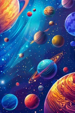 Outer space background with place for text. Cosmos scenes with planets, stars, comets. Vector illustration of galaxy. Greeting card collection in sci-fi style