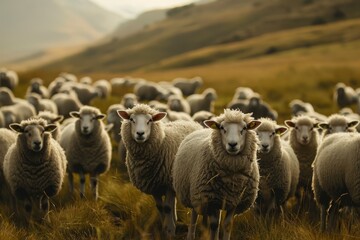 Herd of sheep on hills in golden light
