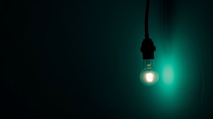 Single Light Bulb Glowing Dimly in a Dark Room with a Teal Wall: A medium shot of a single, dimly glowing light bulb in a dark room, with a teal wall in the background, illustrating the isolation and