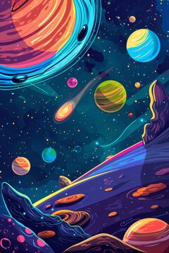 Outer space background with place for text. Cosmos scenes with planets, stars, comets. Vector illustration of galaxy. Greeting card collection in sci-fi style