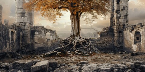A solitary looking tree with roots entwined around the crumbling ruins of a medieval tower, symbolizes the passage of time and resilience of life created with Generative AI Technology - obrazy, fototapety, plakaty