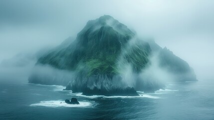 The aerial view of the amazing island is covered in fog. Aesthetic calm background. Tranquil...