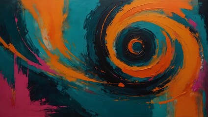 An abstract expressionist painting, swirling with bold strokes of tangerine orange, deep teal, and hot pink Generative AI