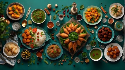 a top-down, photorealistic image of a Ramadan feast with everything on the table. AI-generated green color scheme, Muslim cuisine, and Eid décor