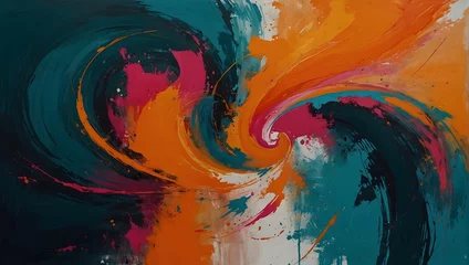 Papier Peint photo Mélange de couleurs An abstract expressionist painting, swirling with bold strokes of tangerine orange, deep teal, and hot pink Generative AI