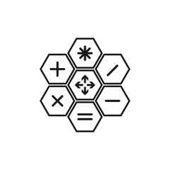 Hexagon buttons arithmetic. Math operations signs. Calculation elements interface. Vector illustration. EPS 10.