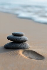 Fototapeta na wymiar Minimalist, abstract background, A stack of rocks sits on top of a sandy beach, serene, calm, and peaceful atmosphere