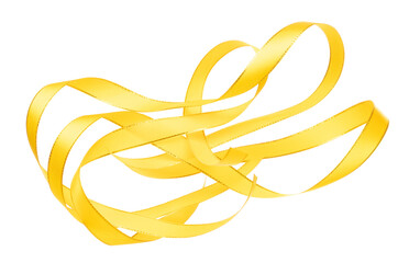 Gold Yellow ribbon long straight fly in air with curve roll shiny. Golden yellow ribbon for present gift birthday party to wrap around decorate and curl curve long straight. White background isolated