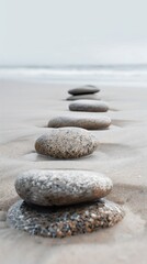 Minimalist, abstract background, A line of rocks neatly arranged on top of a sandy beach, calm and peace, mindfulness