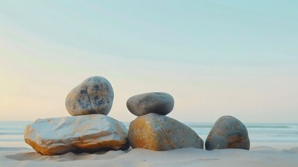 Minimalist, abstract background, A pile of rocks on top of a sandy beach, serene and calm atmosphere