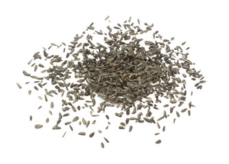 Sunflower seed grain fly in bowl. Sunflower seed falling scatter, explosion float in shape form line group. White background isolated freeze motion high speed shutter