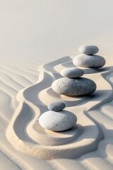 Fototapeta na wymiar Minimalist, abstract background, Several rocks are positioned on top of a sandy beach, serene calm peaceful Zen atmosphere