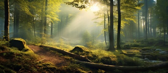 Lush greenery surrounds a peaceful forest path leading towards sunlit beams in the distance - obrazy, fototapety, plakaty
