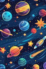 Outer space background with place for text. Cosmos scenes with planets, stars, comets. Vector illustration of galaxy. Greeting card collection in sci-fi style