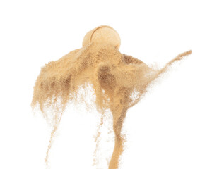 Cosmetic container white bottle fly splashing in mid air. Moisturizer lotion cream bottle explosion...
