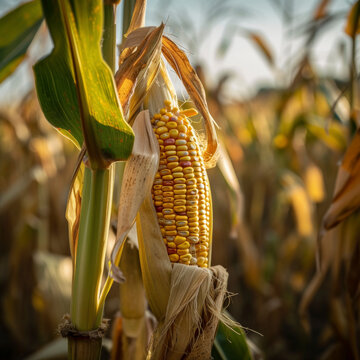 Close-up corn cobs in corn plantation field.