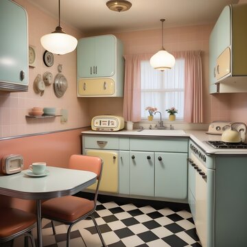 Kitchen with retro furniture. Image in AI