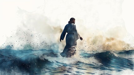 Jesus walking on water. Digital watercolor painting illustration. - obrazy, fototapety, plakaty