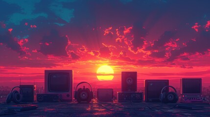 Silhouettes of Portable Music Devices Against a Sunset Background: The outlines of various portable music players and headphones against a vividly colored sunset, capturing the essence of listening to