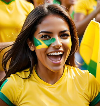 Latin woman who is a fan of a football team with the green and yellow colors typical of Brazil. Image in AI.