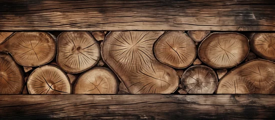 Foto auf Leinwand Stacked firewood logs in a close-up view against a backdrop of a textured wooden surface © AkuAku