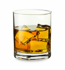 Whiskey and ice cubes in glass isolated on white