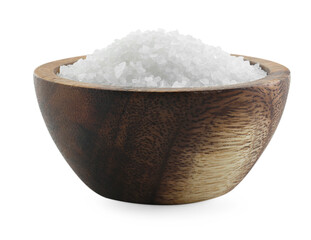 Natural salt in wooden bowl isolated on white
