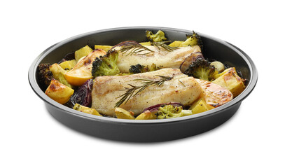 Pieces of delicious baked cod with vegetables, lemon and spices in dish isolated on white