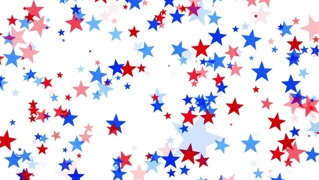 Red and blue stars floating like confetti on white background for USA celebrations like 4th of July, Memorial Day, Veteran's Day, or other patriotic US American holidays.
