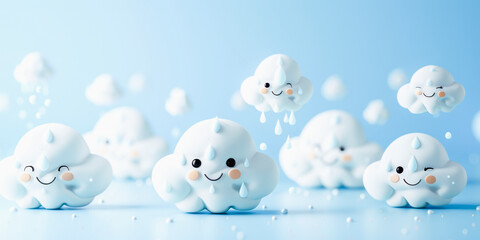 Digital illustration of cute, smiling, anthropomorphic cloud characters with different expressions on a light blue background. - obrazy, fototapety, plakaty