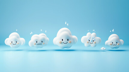 Five anthropomorphic cloud cartoons with various expressions floating against a soft blue background, projecting cheerfulness and playfulness. - obrazy, fototapety, plakaty