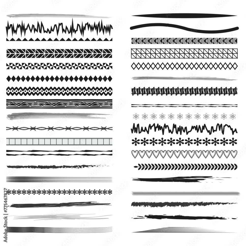 Poster assorted decorative borders set. brush strokes and patterns. vector dividers collection. vector illu